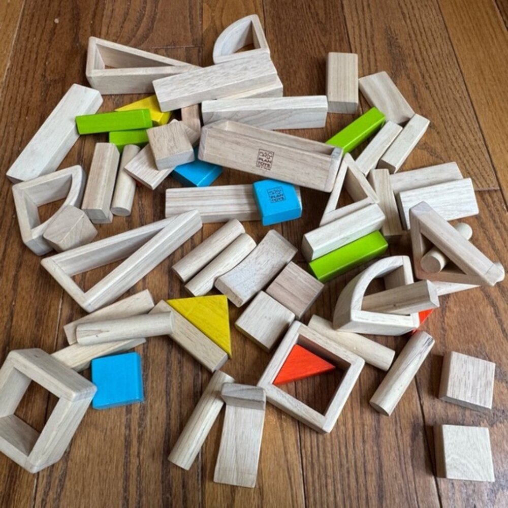 Plan Toys Colourful Natural Wooden Building Blocks Sets x2 61 Pieces Structures